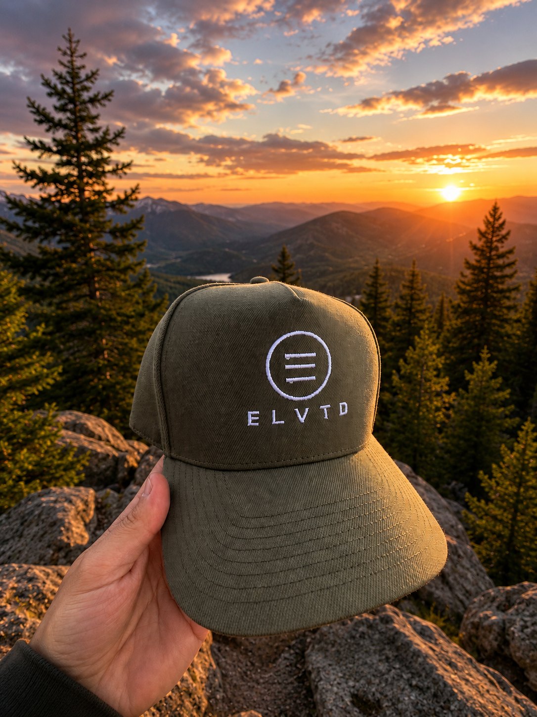 ELVTD GEAR olive cap at mountain sunset