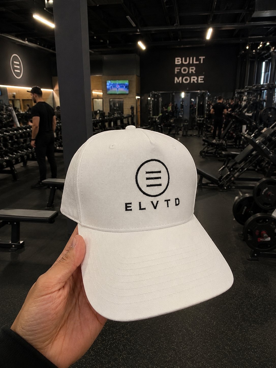 ELVTD GEAR white cap in the gym